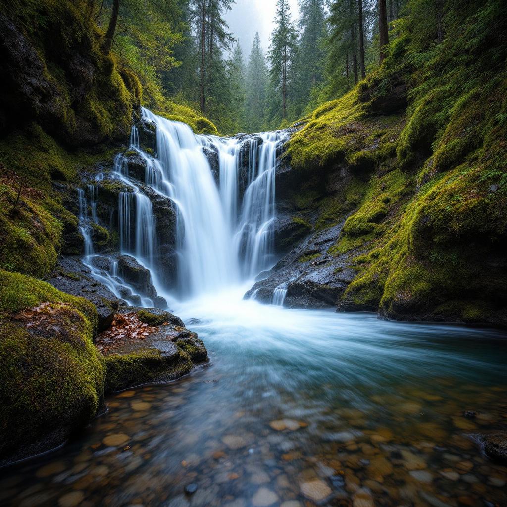 A serene waterfall cascading over rocks surrounded by lush green forest.