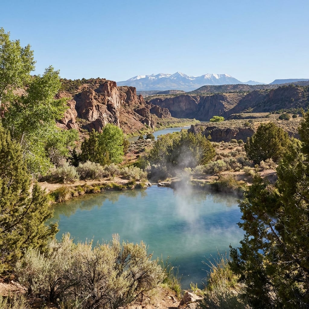 A serene landscape featuring a hot spring surrounded by greenery and mountains in the background.