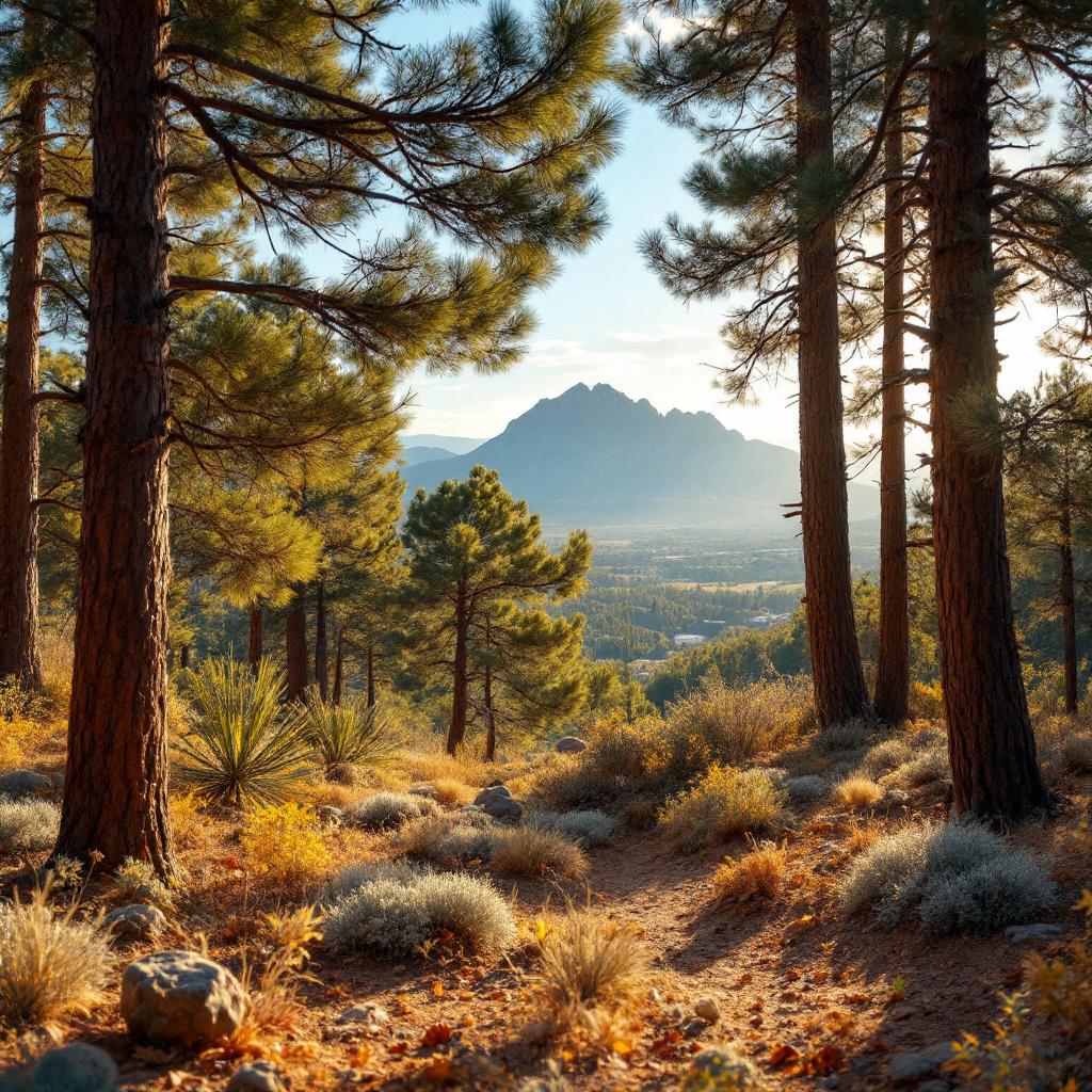 A scenic view of a forest with tall pine trees and mountains in the background.