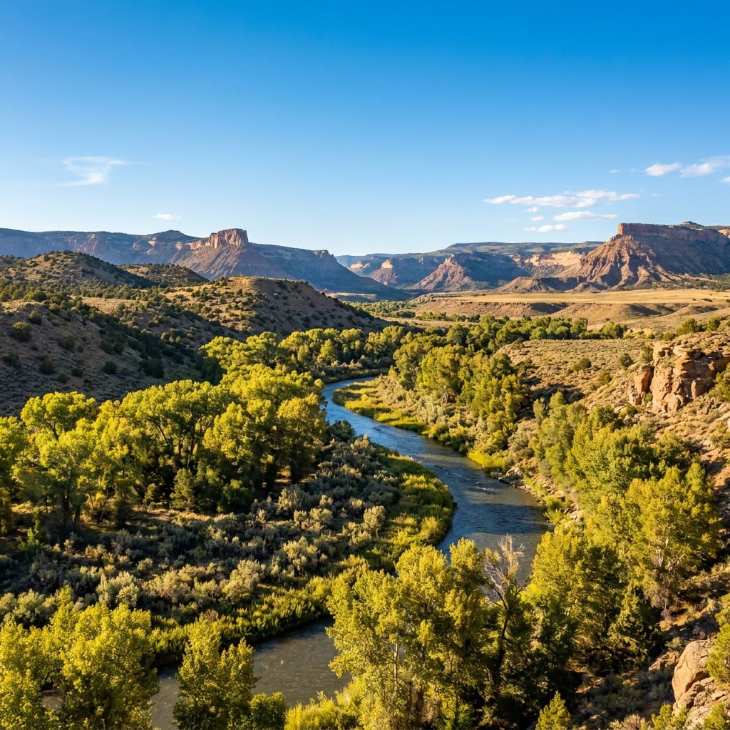 A winding river flows through a green valley surrounded by mountains.