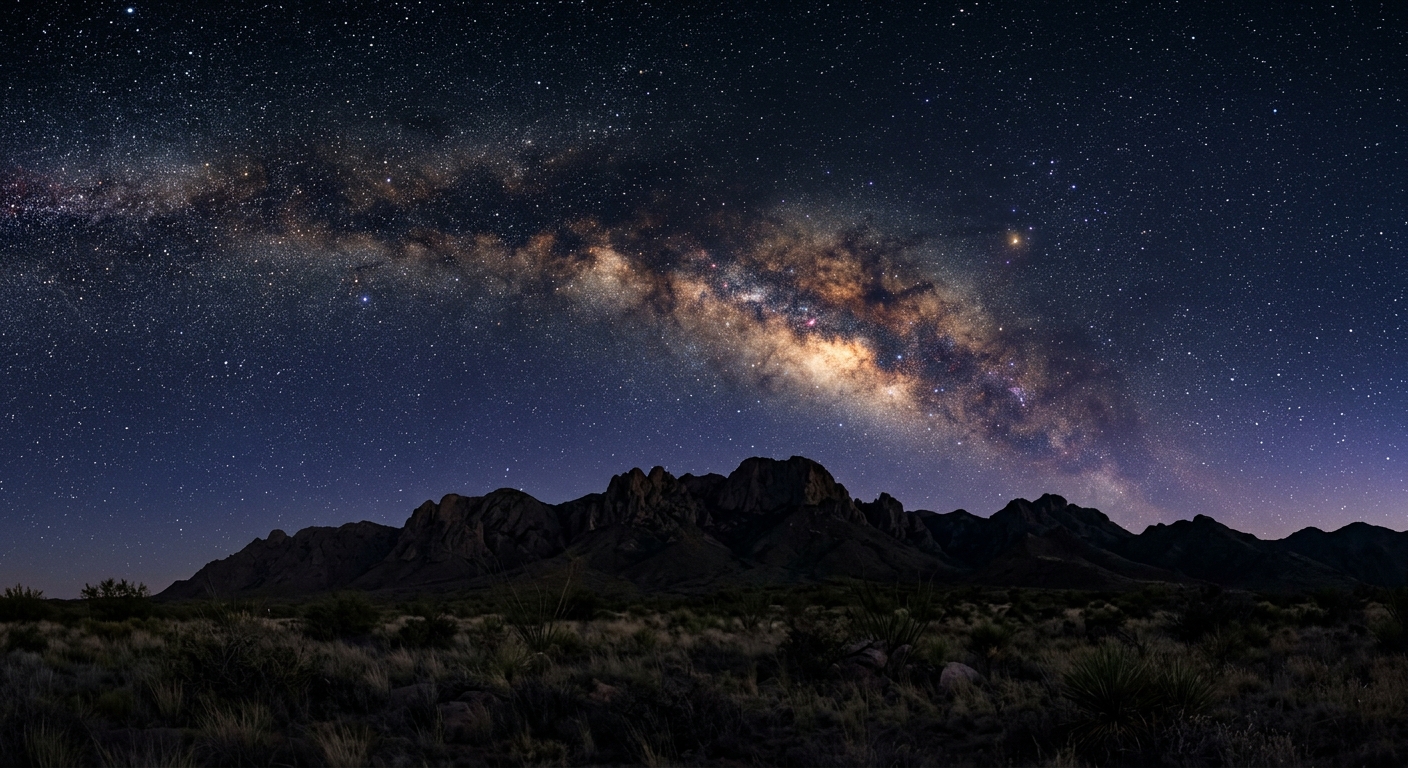 A panoramic view of the Milky Way galaxy over a mountain range at night.