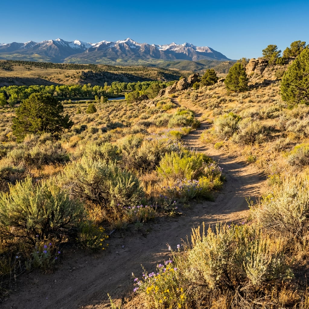 A winding dirt path leads through a landscape of shrubs and wildflowers with mountains in the background.