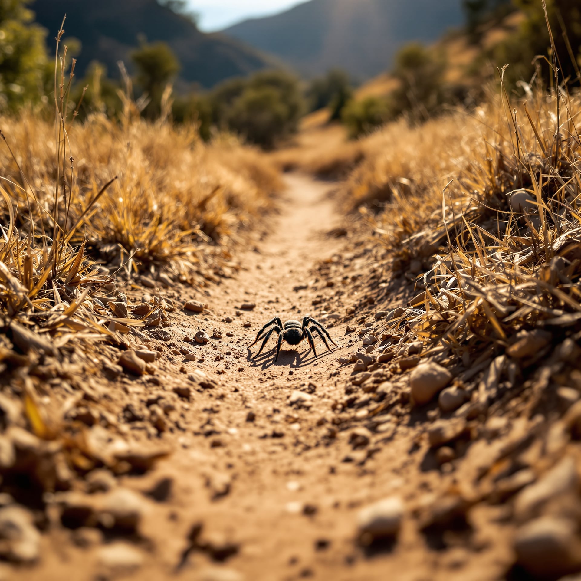 A spider on a dirt path surrounded by dry grass and mountains in the background.