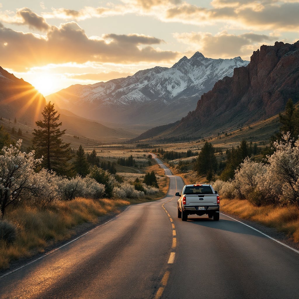 A pickup truck drives along a winding road with mountains and a sunset in the background.