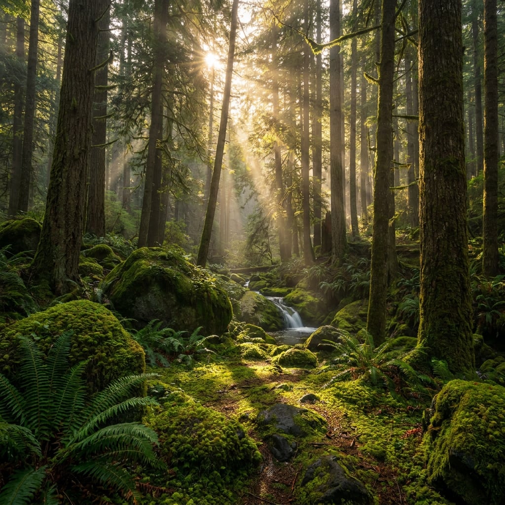 A serene forest scene with sunlight filtering through tall trees and a small stream flowing.