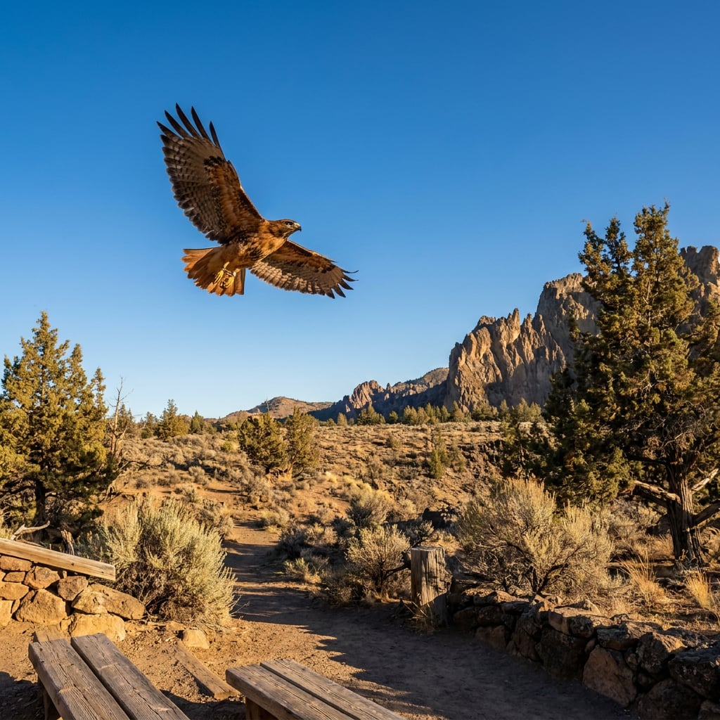 A hawk is flying over a rocky landscape with trees and mountains in the background.