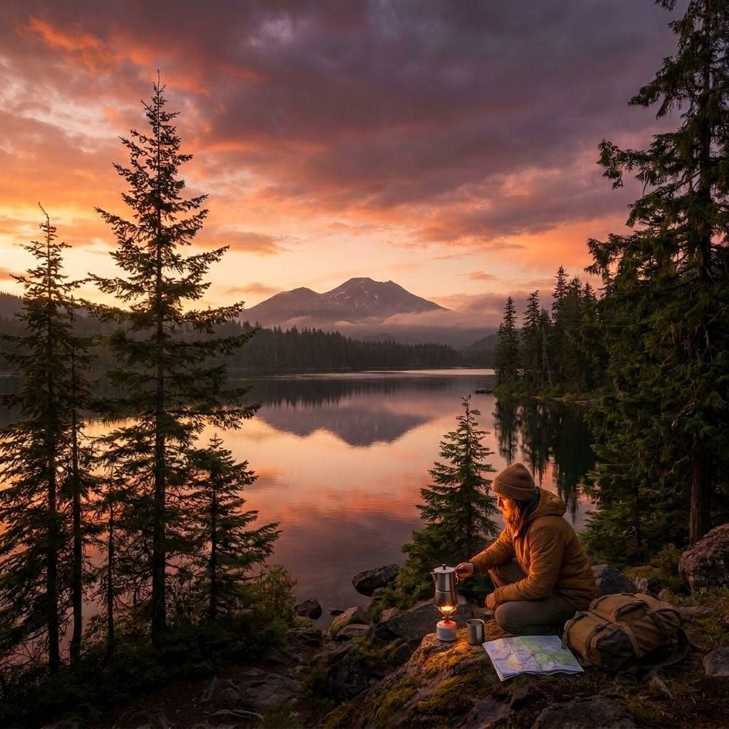 A person sits by a lake at sunset, preparing coffee while surrounded by trees and mountains.