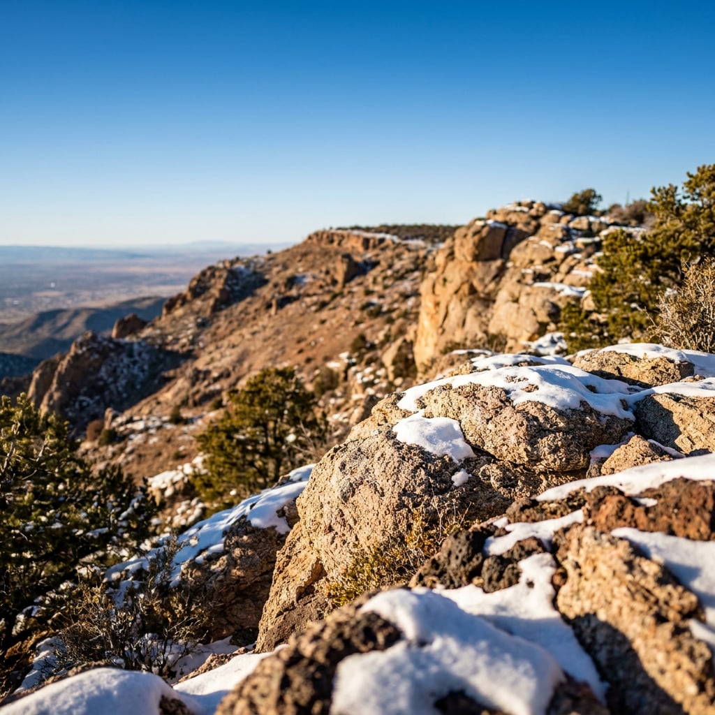 A rocky landscape covered with snow and sparse vegetation under a clear blue sky.