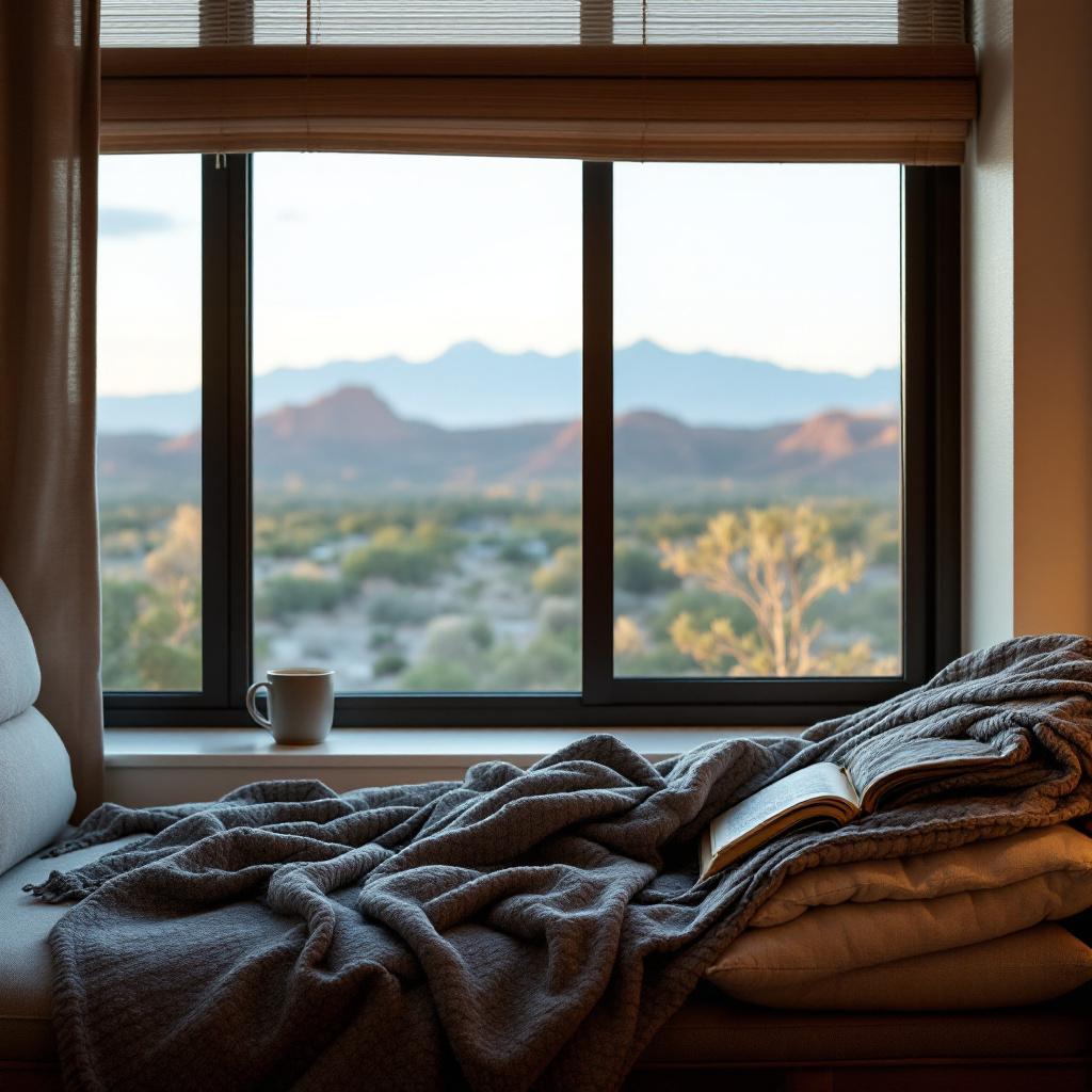 A cozy reading nook with a blanket and a book, overlooking a scenic view of mountains.