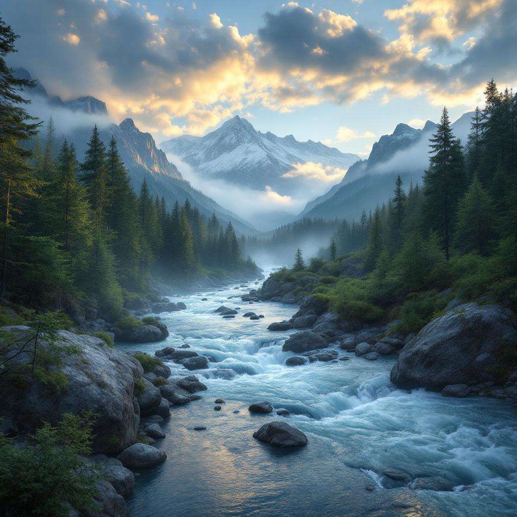 A serene river flows through a mountainous landscape with mist and trees.