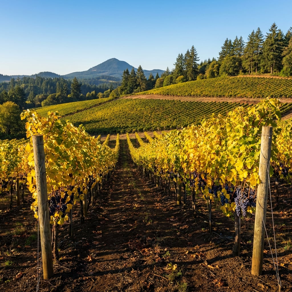 A scenic vineyard with rows of grapevines and a mountain in the background.