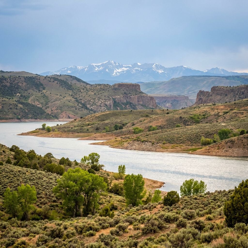 A scenic view of a river winding through green hills with mountains in the background.