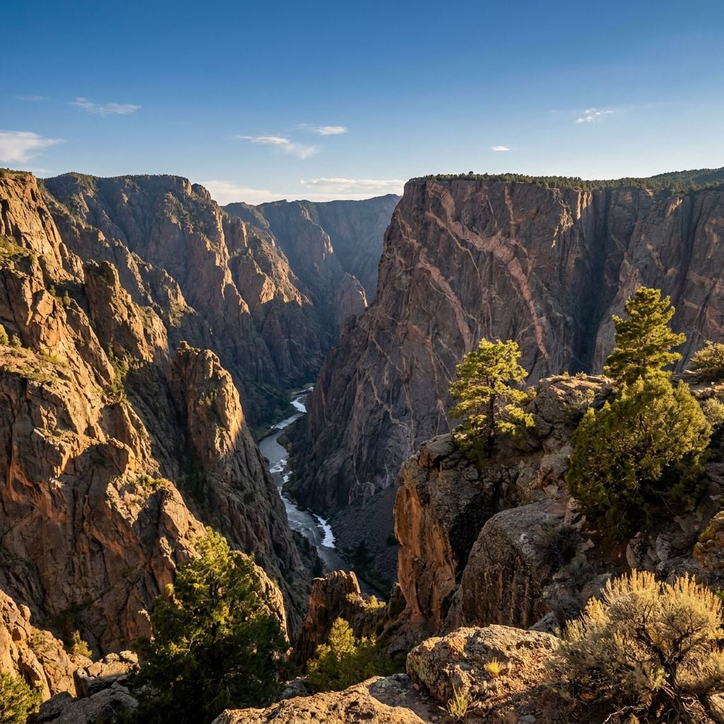 A scenic view of a canyon with steep rock formations and a river running through it.