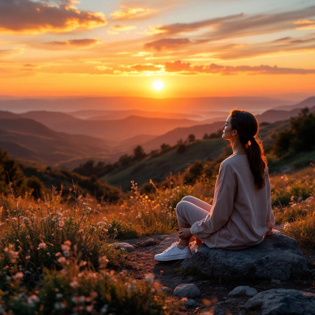 A woman sits on a rock overlooking a sunset in the mountains.