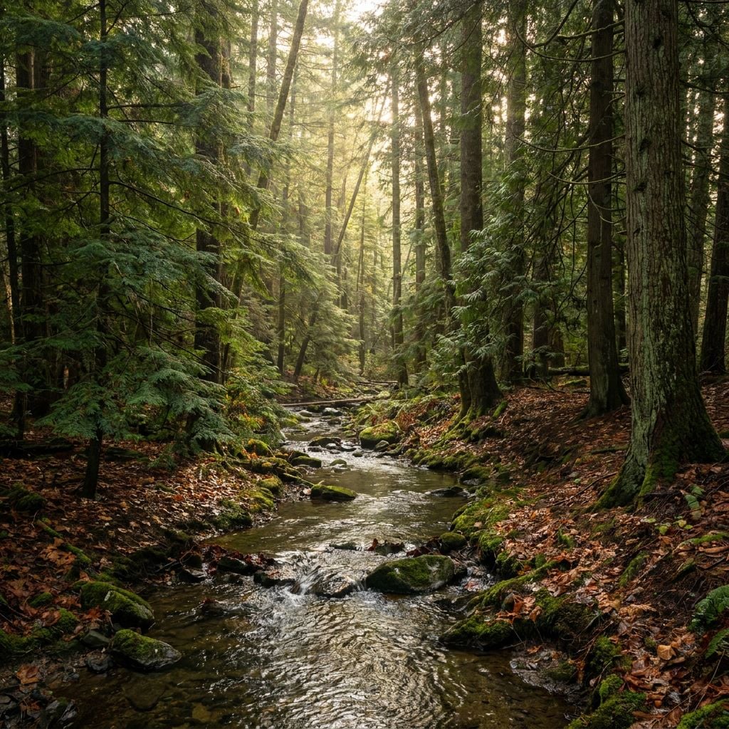 A serene forest scene featuring a small stream flowing through trees.
