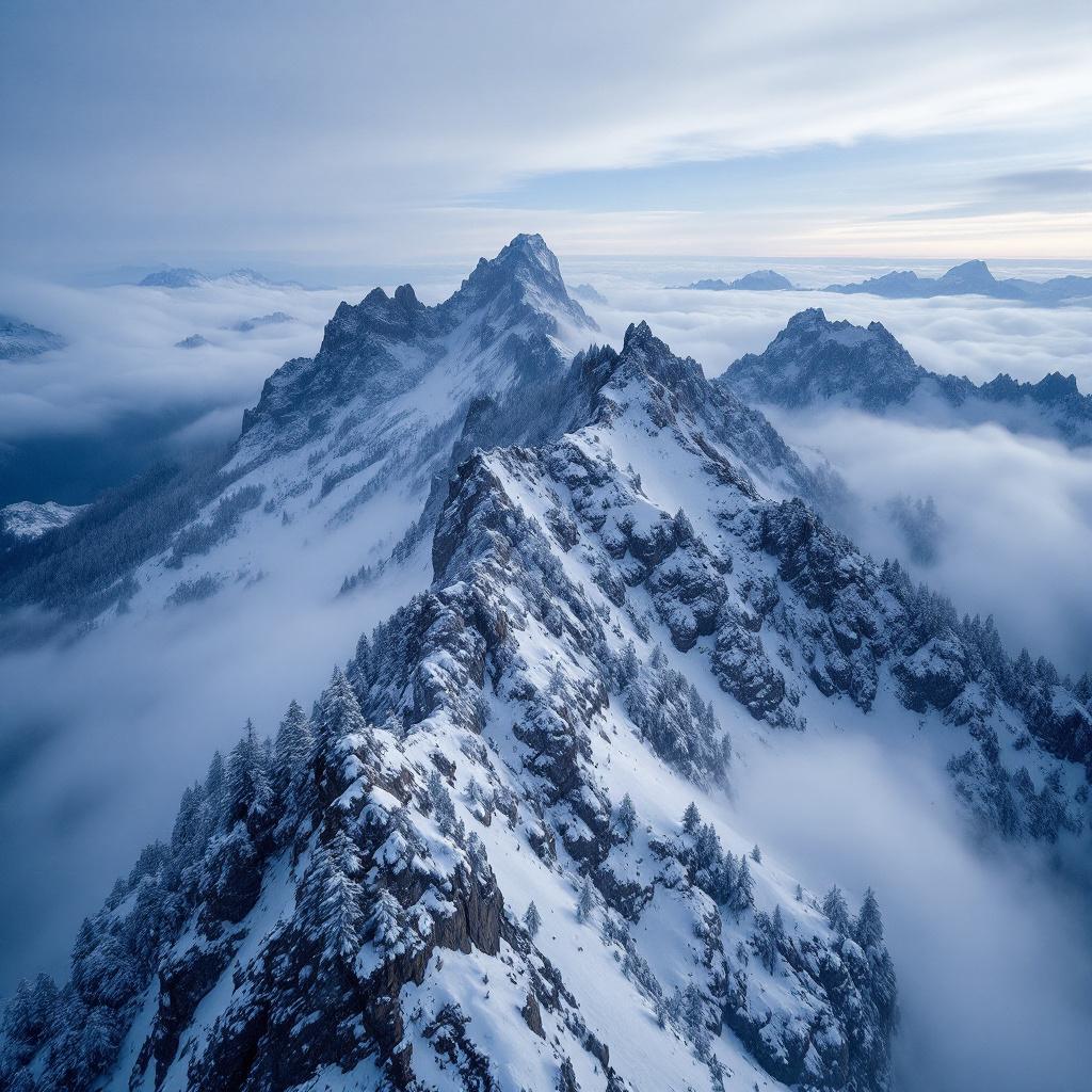 A panoramic view of snow-covered mountains shrouded in clouds.