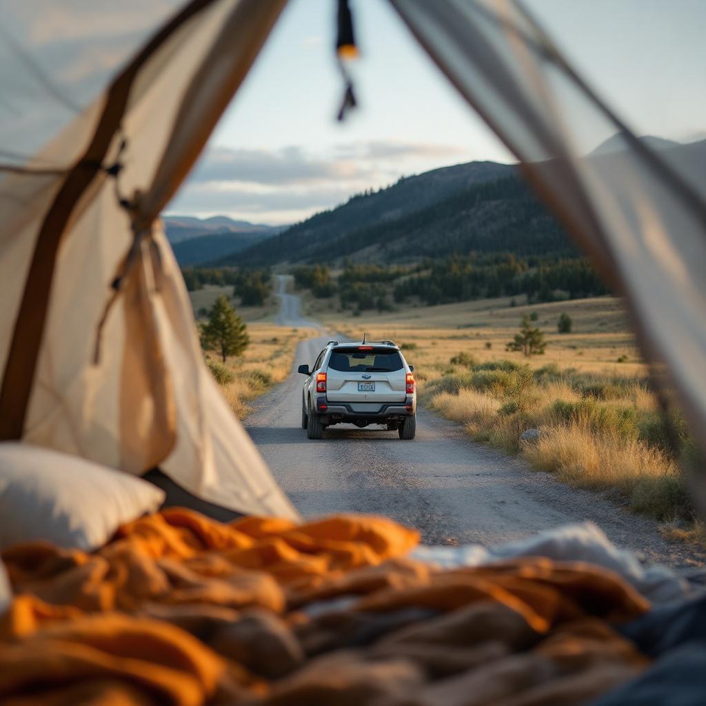 A car is driving down a gravel road surrounded by mountains, viewed from inside a tent.