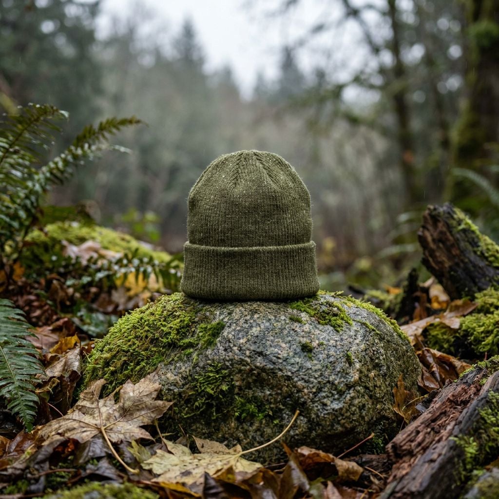 A green beanie hat placed on a moss-covered rock in a forest setting.