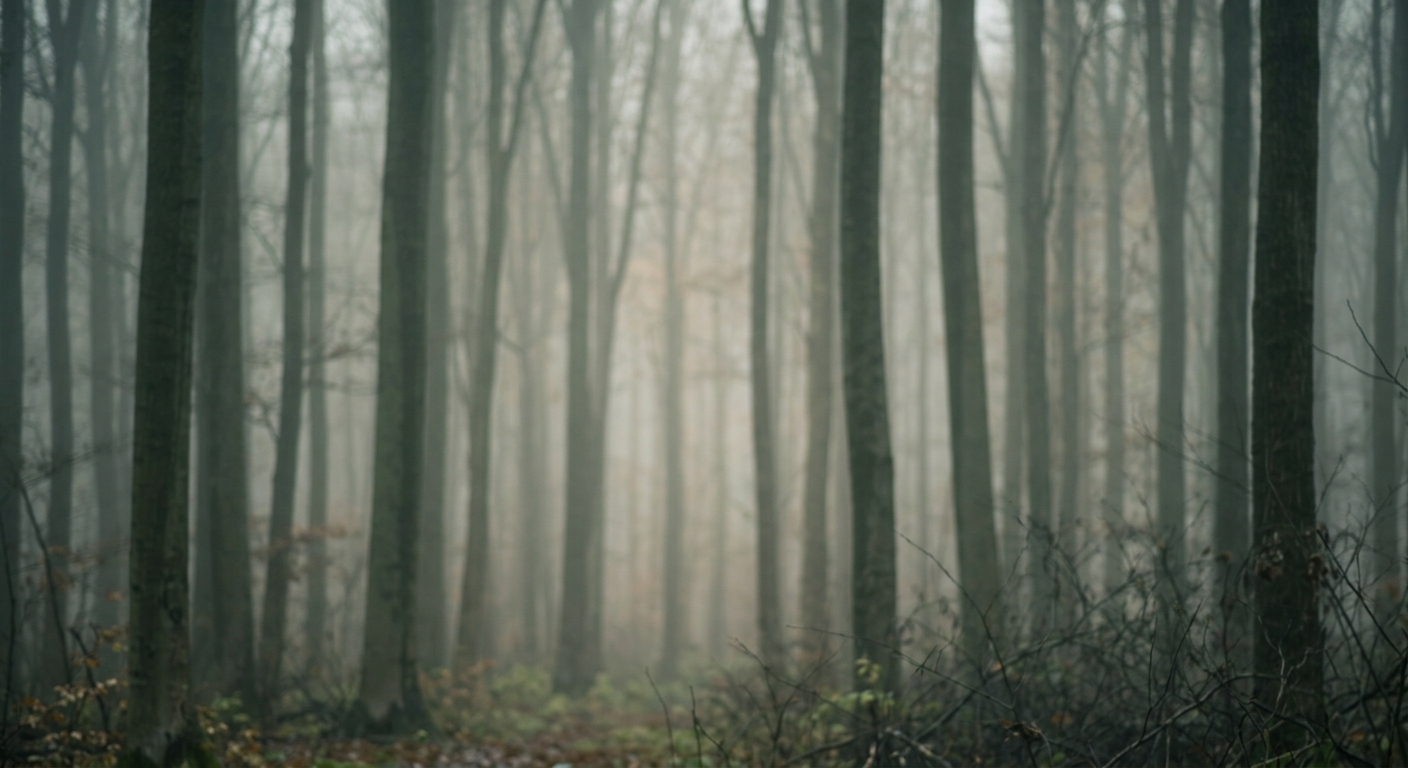 A dense forest shrouded in fog with tall trees.