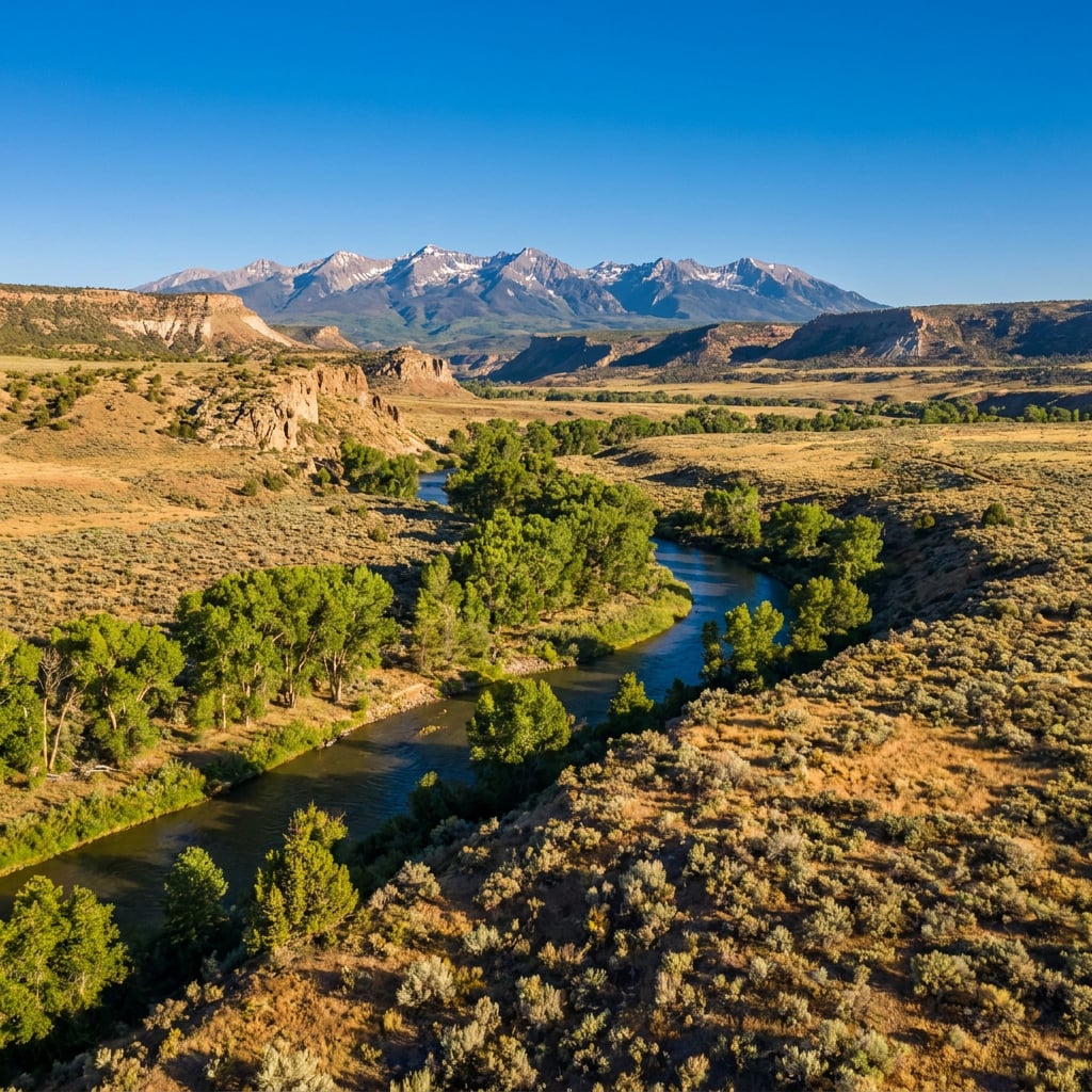 A winding river flows through a green valley with mountains in the background.