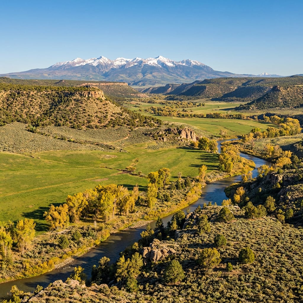A scenic view of a river flowing through a green valley with mountains in the background.