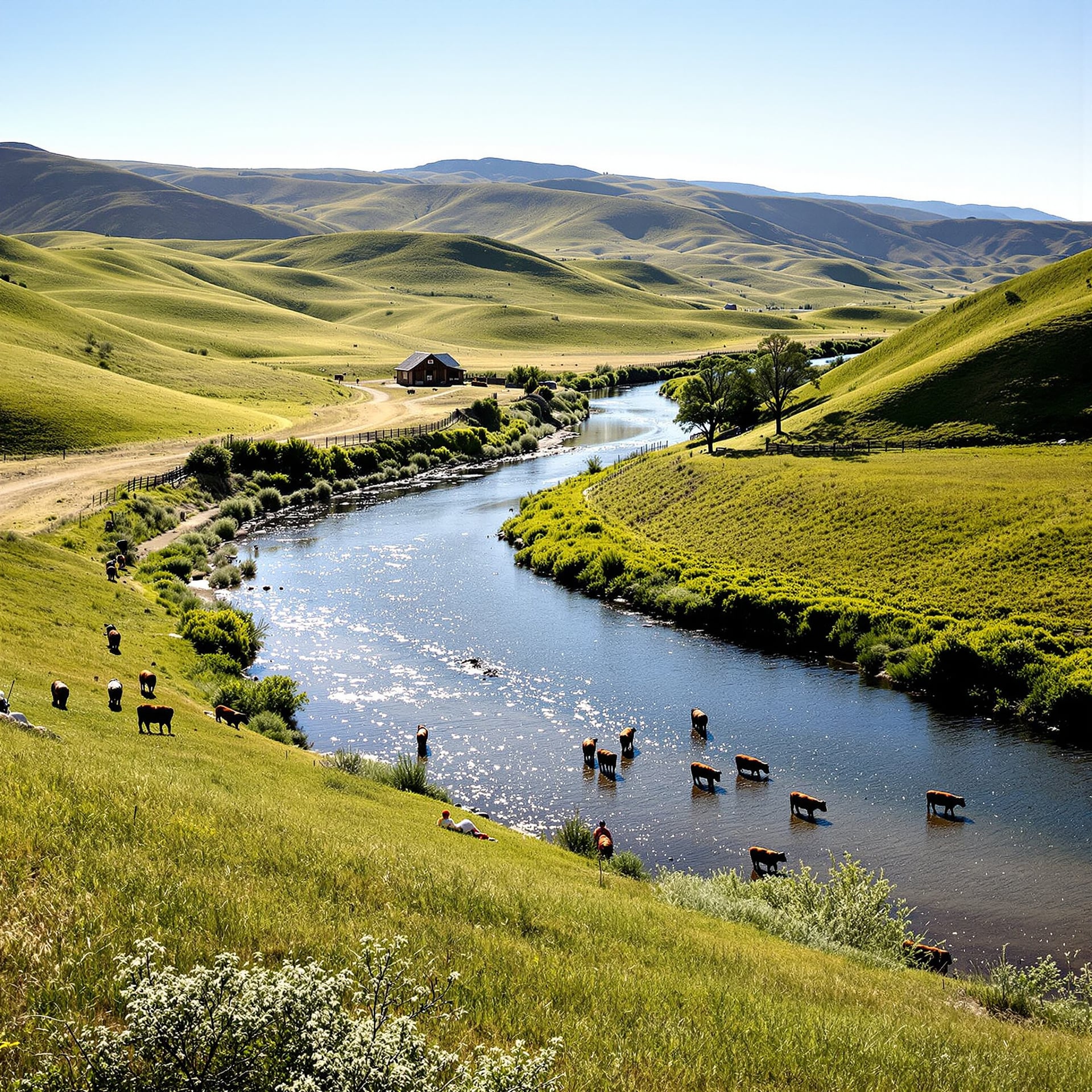 A scenic landscape featuring rolling green hills, a river, and grazing cows.