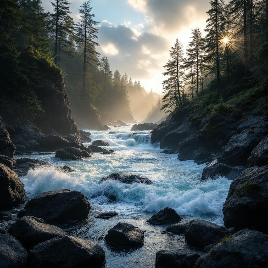 A river flows through a rocky landscape surrounded by tall trees and misty mountains.