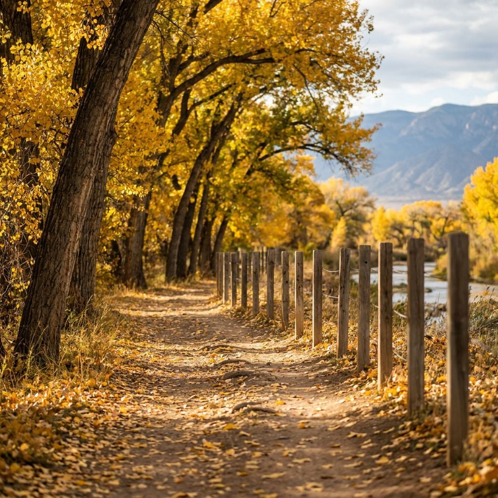 A scenic pathway lined with trees displaying vibrant yellow leaves beside a river.