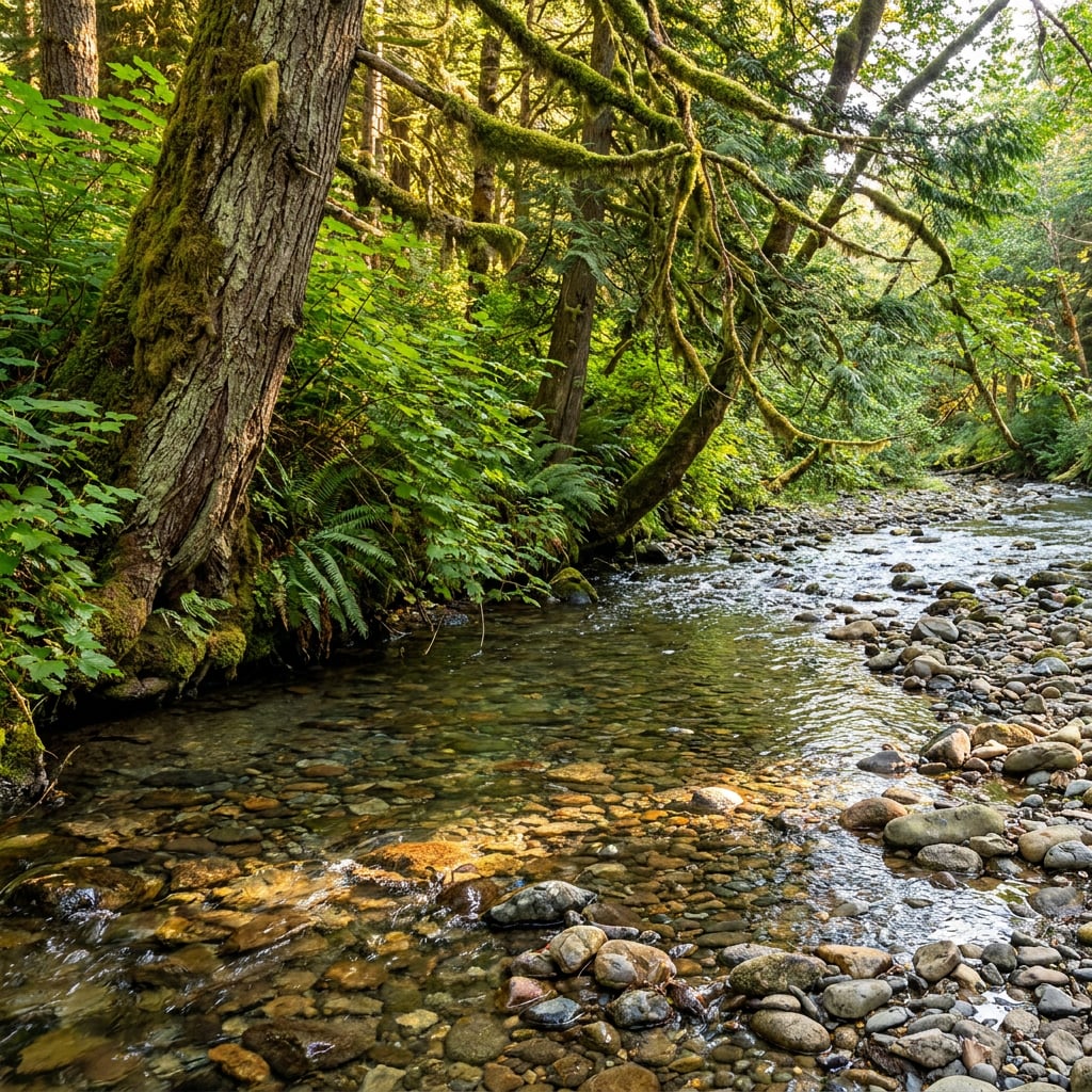 A serene stream flows through a lush green forest with moss-covered trees.
