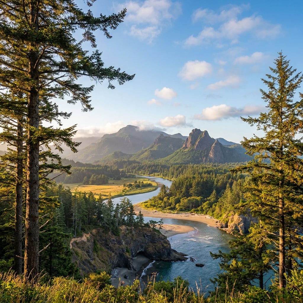 A scenic view of a river winding through a lush green landscape with mountains in the background.