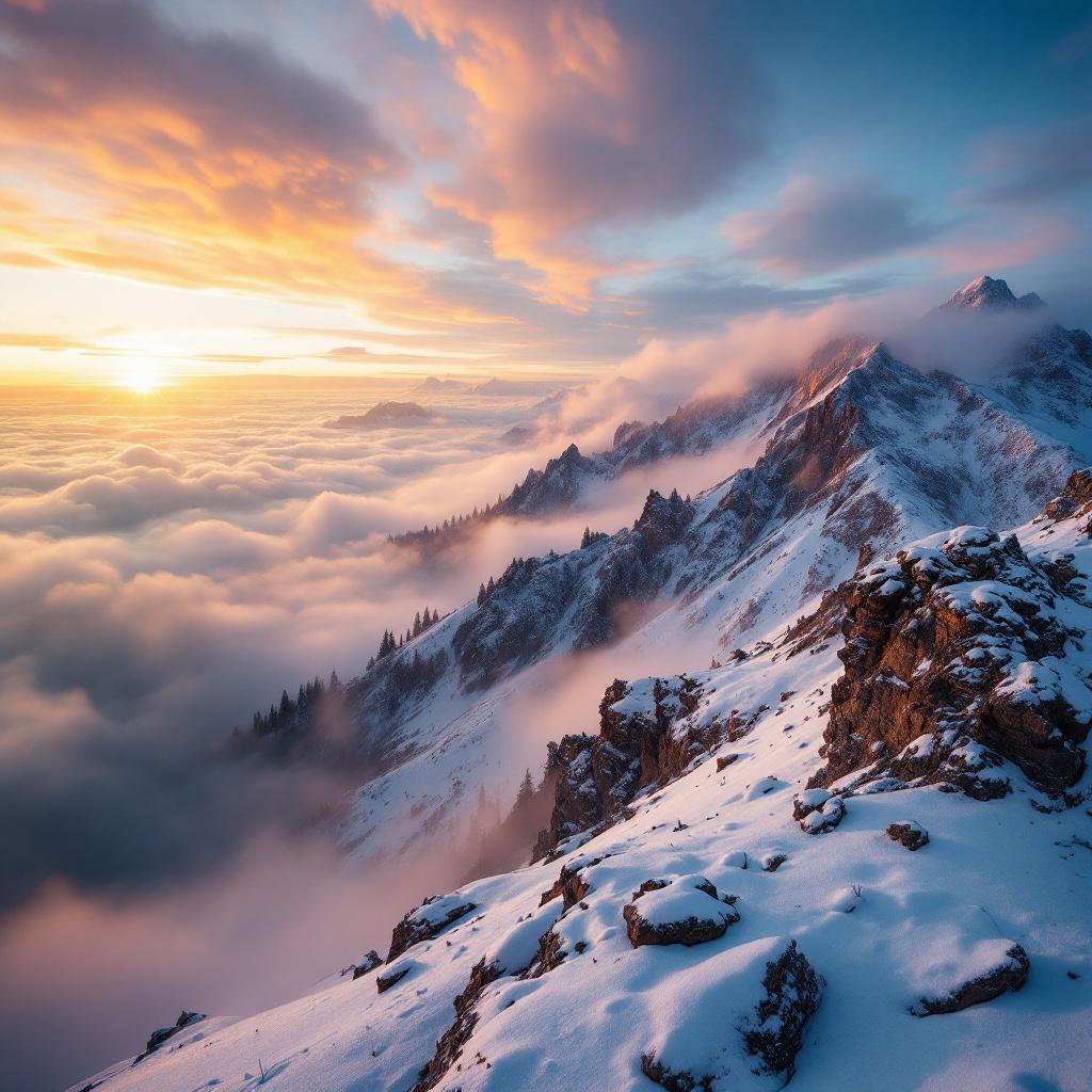 A breathtaking view of snow-covered mountains above a sea of clouds during sunset.