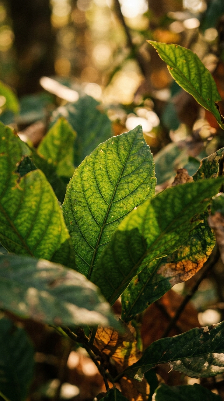 A close-up of green leaves with sunlight filtering through them.