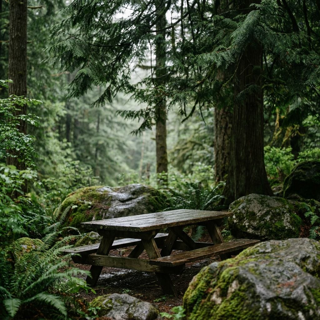 A wooden picnic table surrounded by lush greenery and rocks in a forest.
