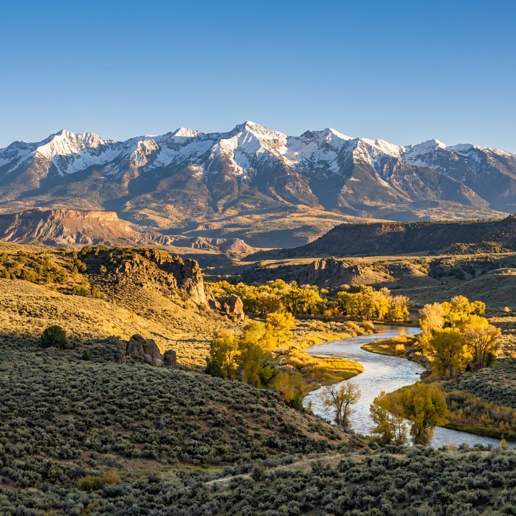 A scenic view of a river winding through a valley with mountains in the background.