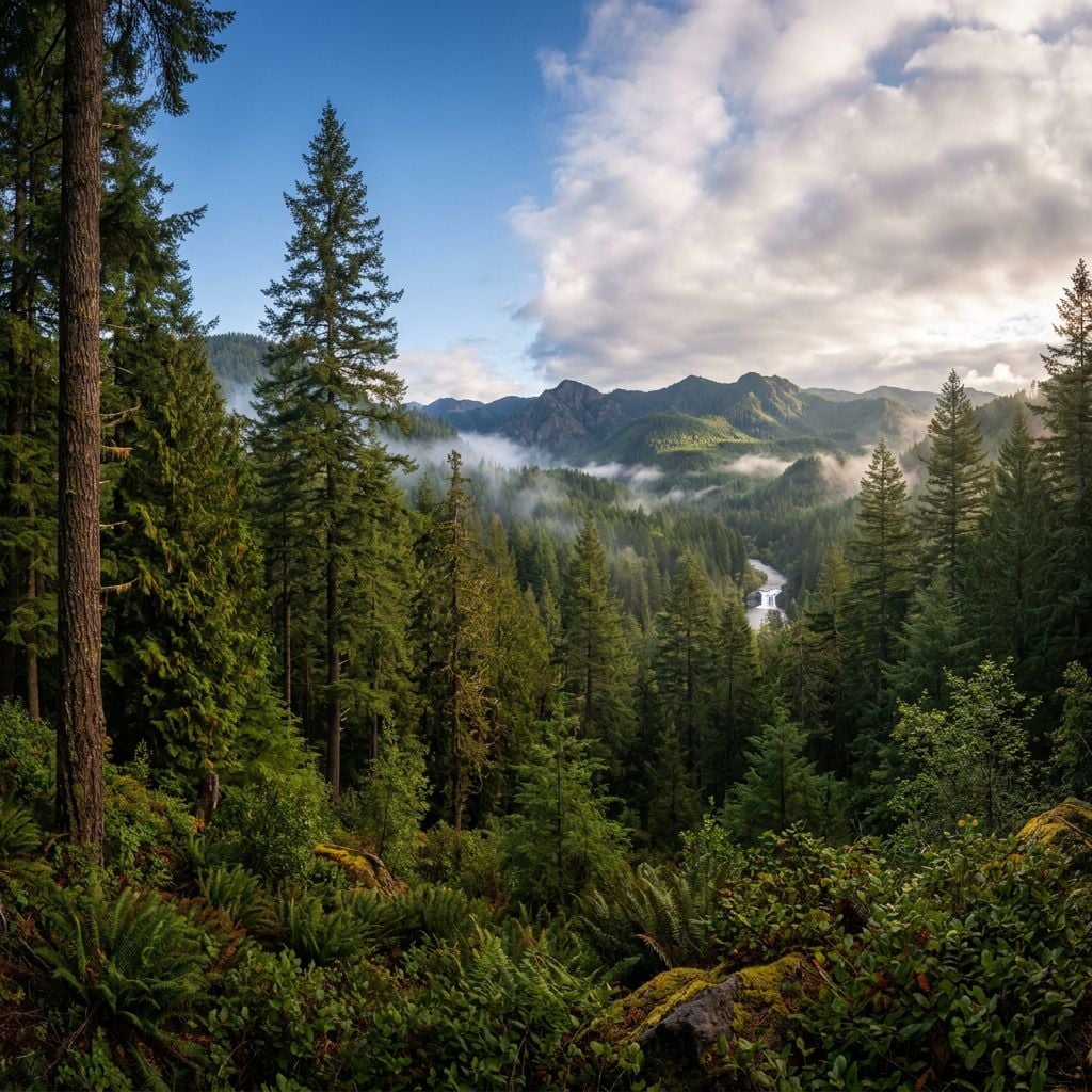 A panoramic view of a lush forest with mountains in the background and mist rising from the valley.
