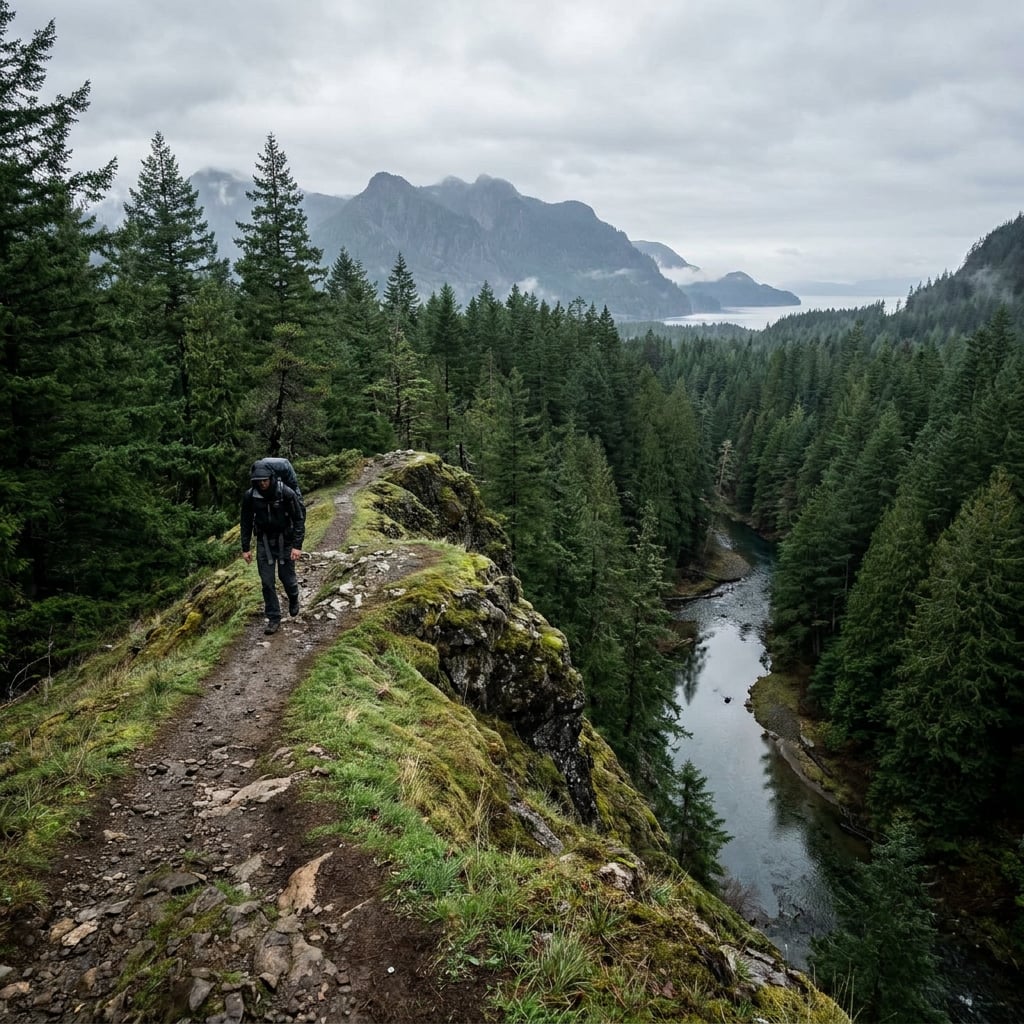 A hiker walks along a rocky path overlooking a river and forested mountains.