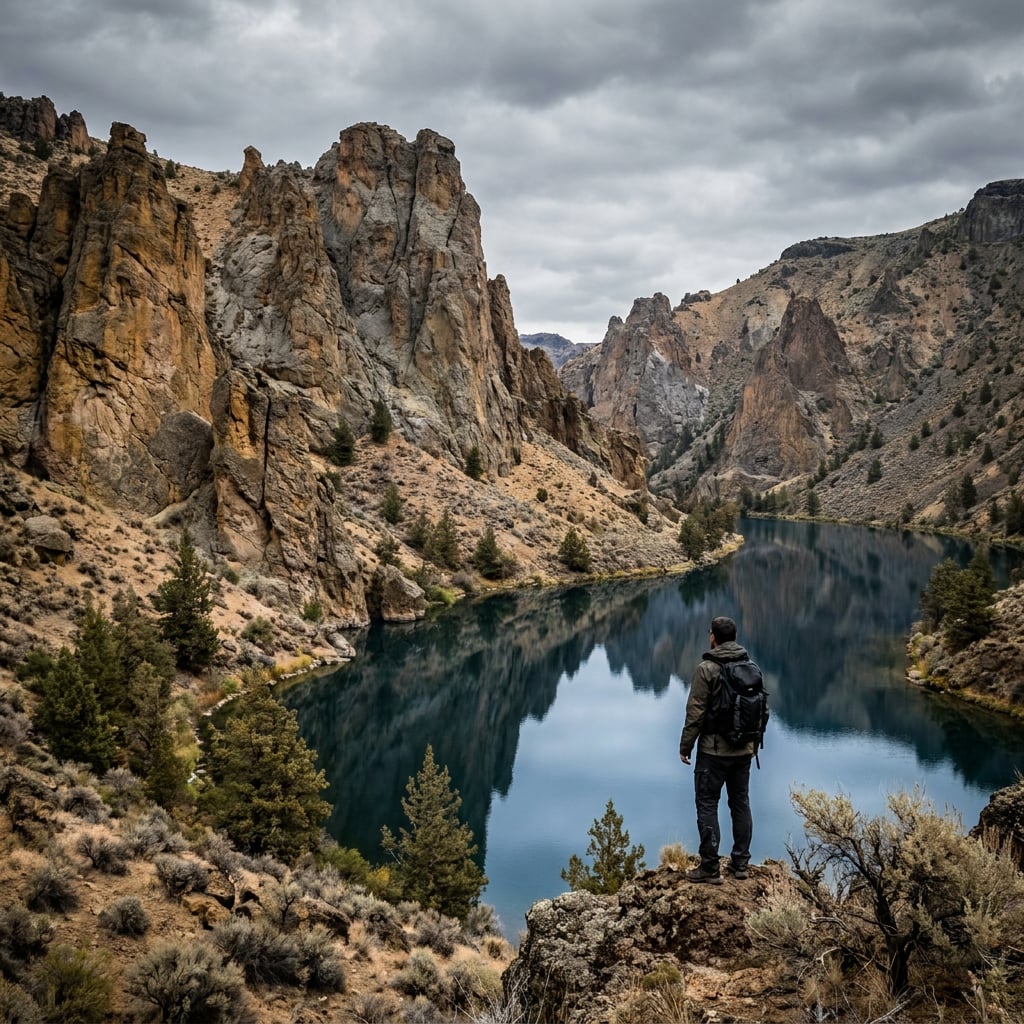 A person stands on a rocky ledge overlooking a calm lake surrounded by rugged cliffs and trees.