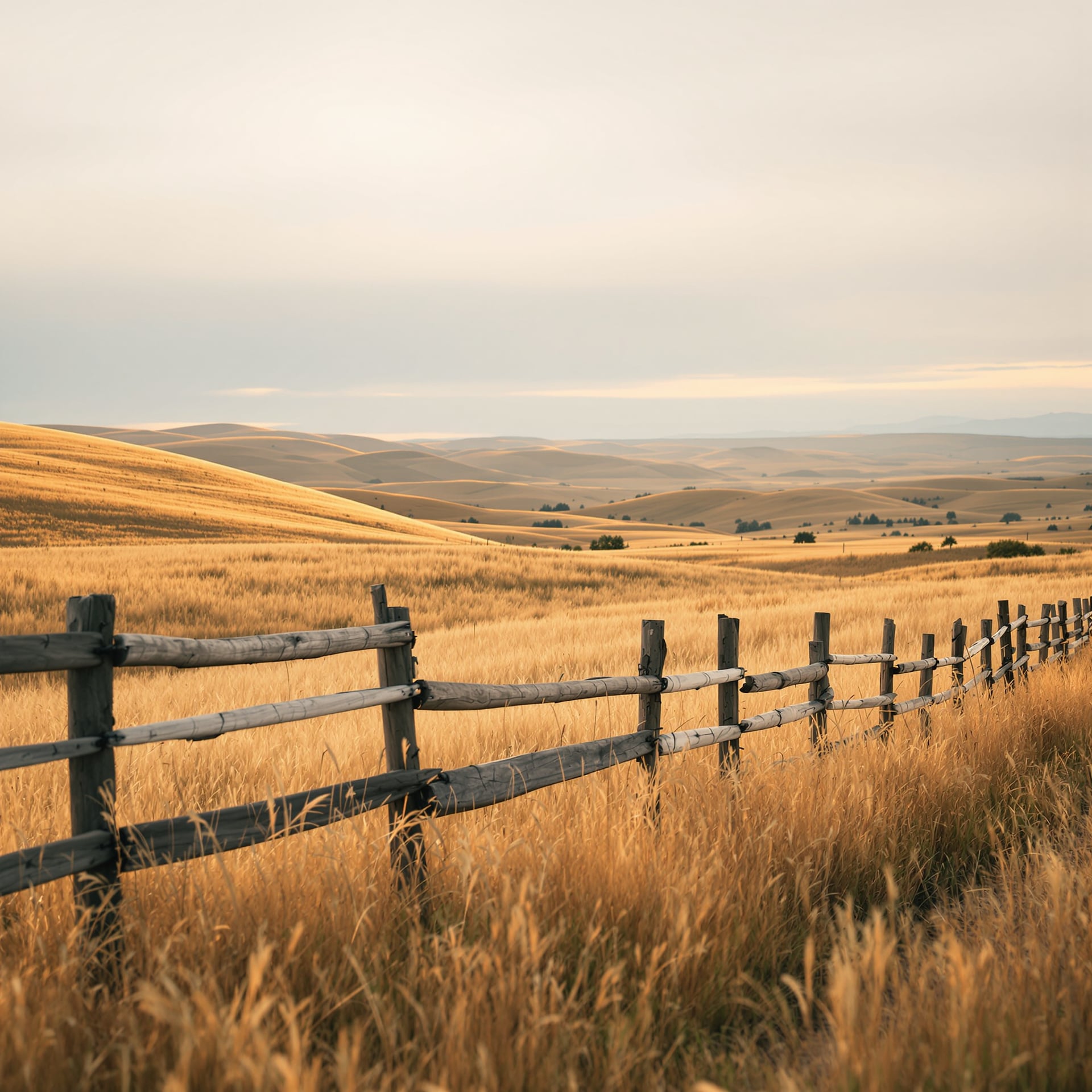 A scenic view of golden fields with a wooden fence in the foreground.
