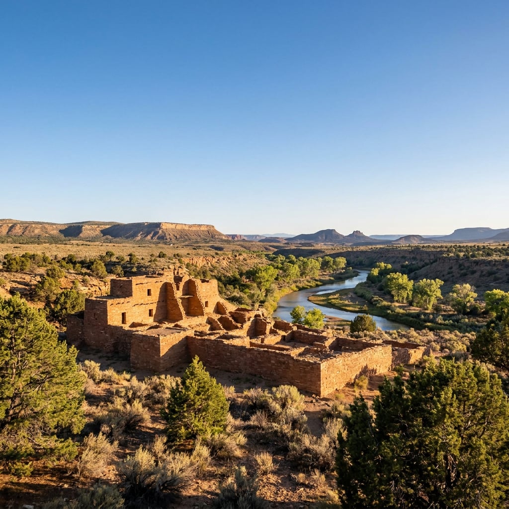 A scenic view of ancient ruins beside a winding river surrounded by greenery and mountains.