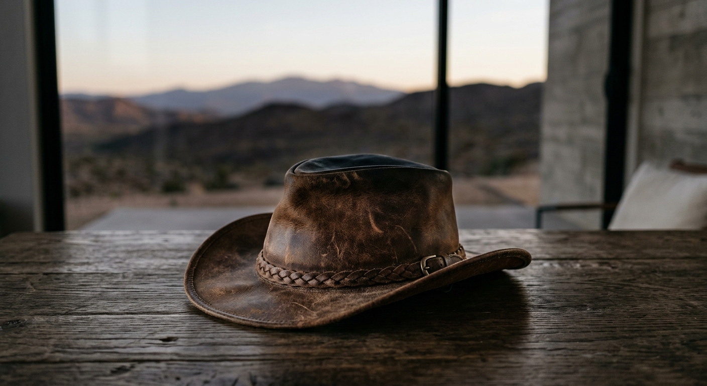 A worn leather cowboy hat rests on a wooden table with a mountainous landscape in the background.