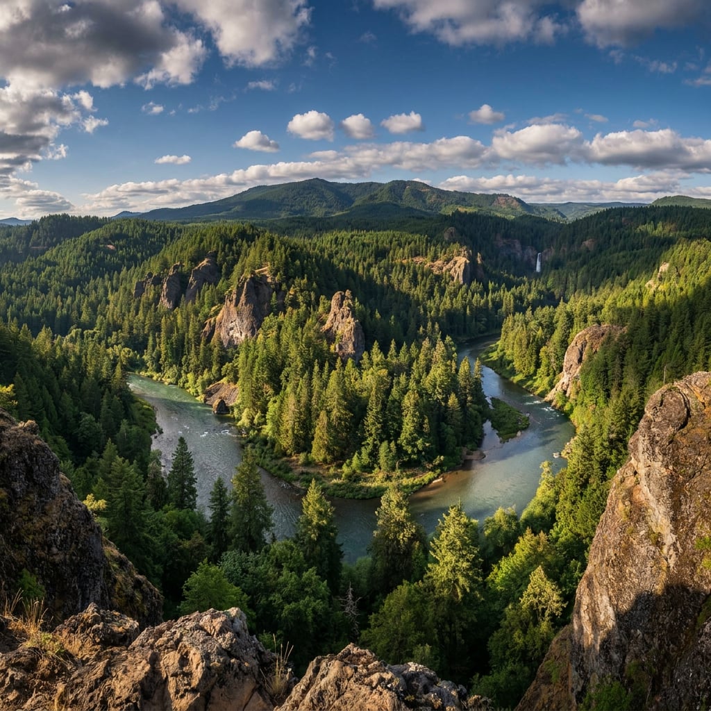 A panoramic view of a lush green valley with a winding river surrounded by mountains.