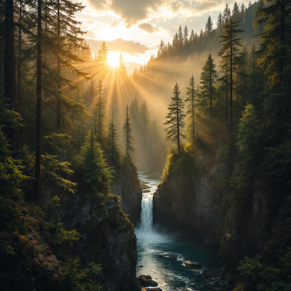 A serene forest landscape featuring a waterfall surrounded by tall trees and sunlight streaming through the mist.