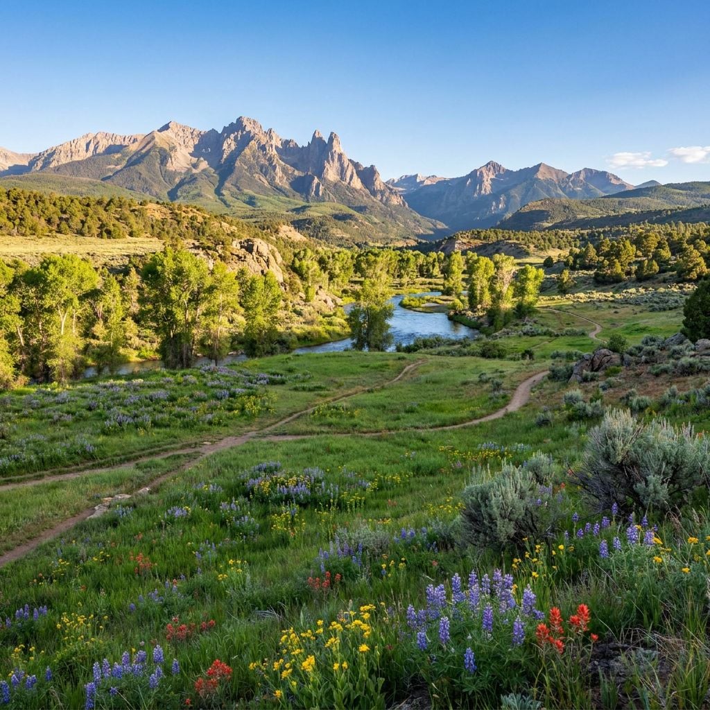 A scenic view of mountains with a river and colorful wildflowers in the foreground.