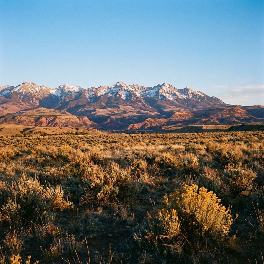 A scenic view of mountains with snow-capped peaks under a clear blue sky.