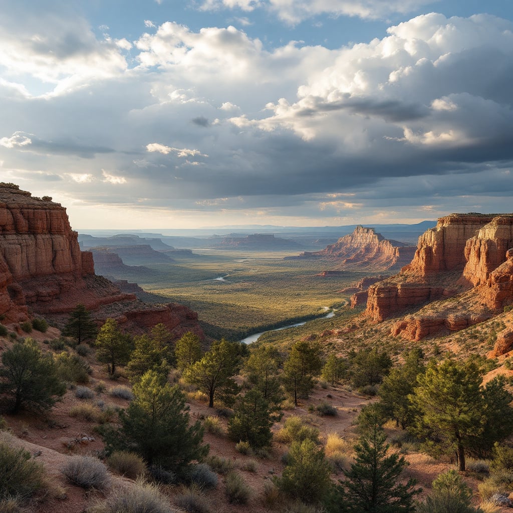 A panoramic view of a canyon landscape with lush greenery and rocky cliffs under a cloudy sky.