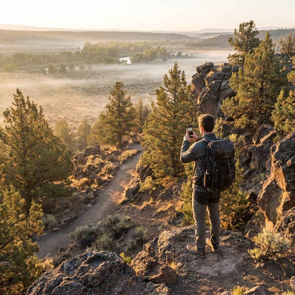 A person standing on a rocky outcrop taking a photo of a misty landscape with trees and a river.