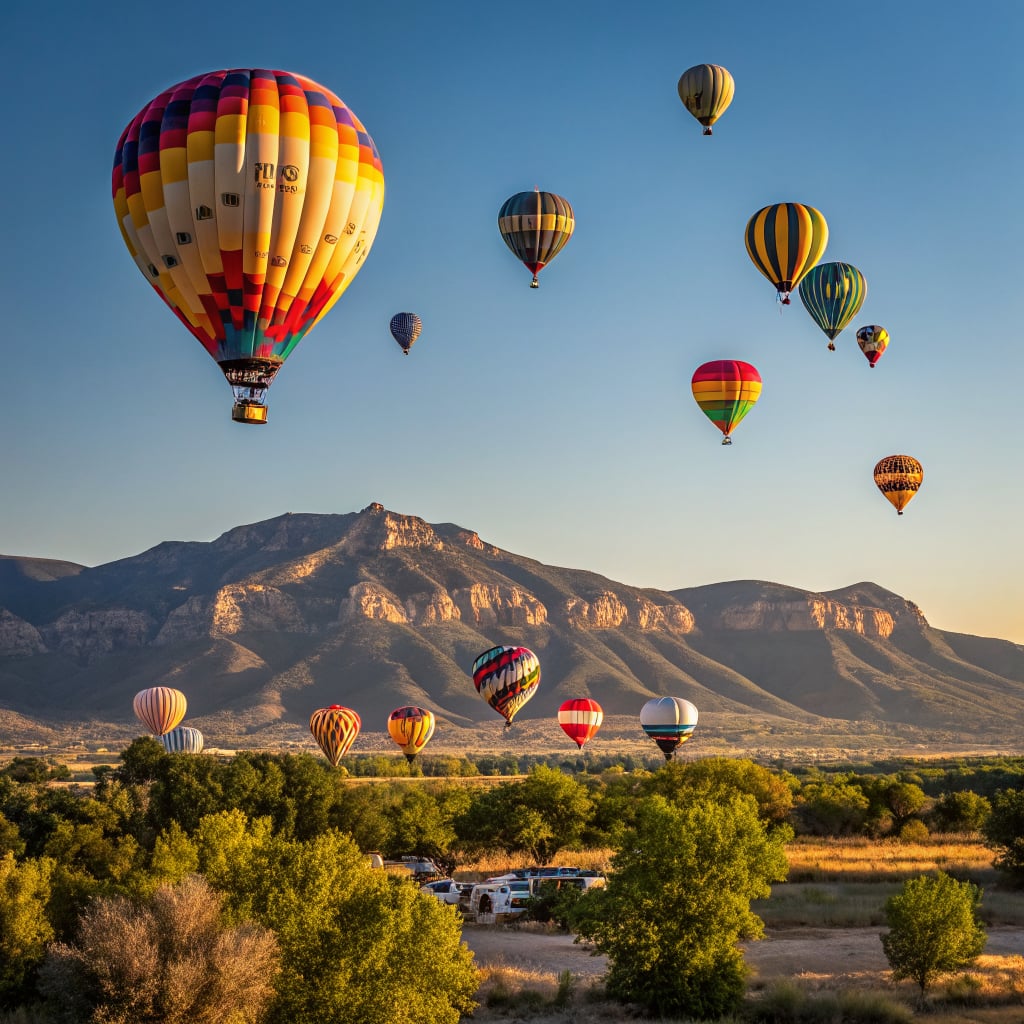 A colorful array of hot air balloons flying over a mountainous landscape during sunrise.