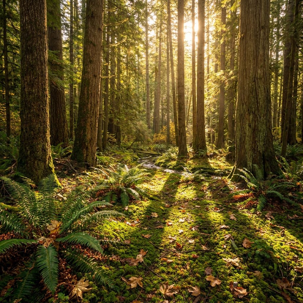 A sunlit forest scene with tall trees and ferns on the ground.