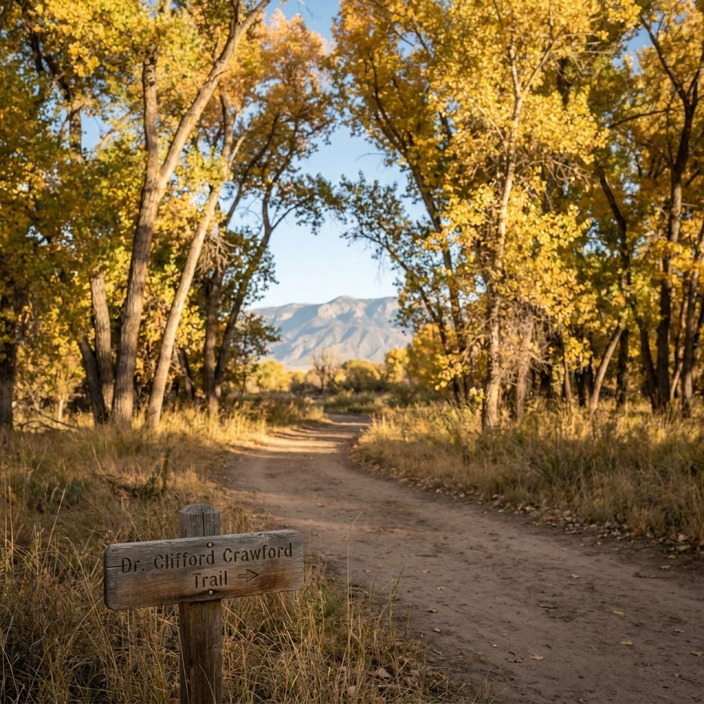A dirt trail signposted as Dr. Clifford Crawford Trail surrounded by trees with autumn foliage.