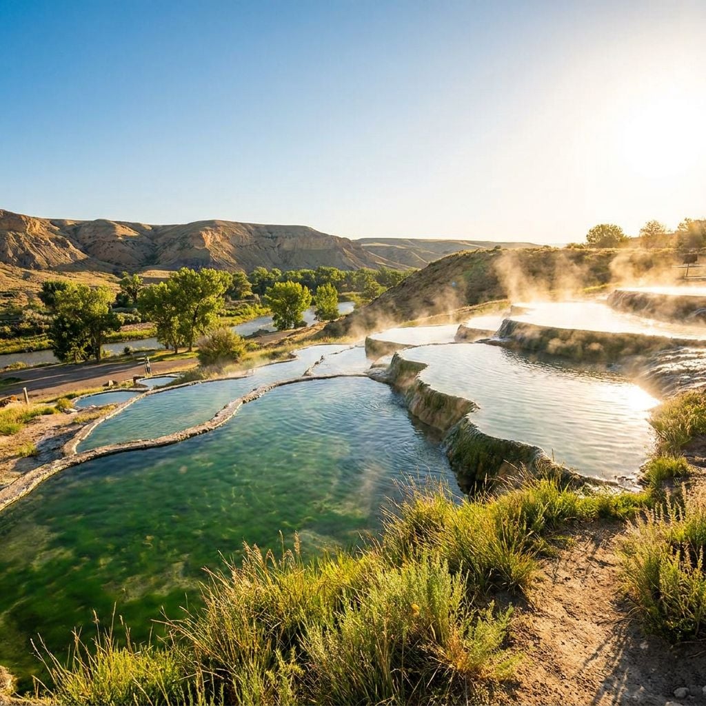 The image shows natural hot springs with steam rising in a scenic landscape.